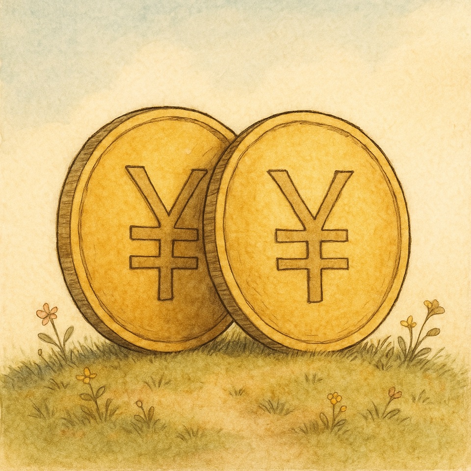 寄り添うふたつの金貨の水彩イラスト